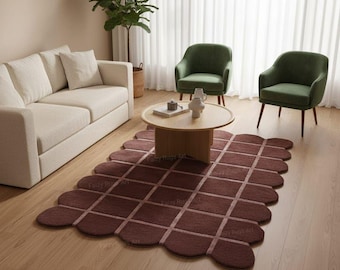 Modern Geometric Tufted Rug Scalloped Edges Carpet Rug Chocolate Brown Rug For Living Room Bedroom Nursary Room Decor