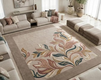 Neutral Floral Area Rug Hand Tufted Leaf Design Rug Modern Botanical Carpet Luxury Living Room Rug Elegant Beige Hame Decor