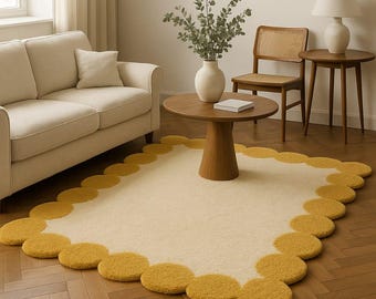 Getufteter Teppich mit gewellter Kante, Creme- und Senfteppich, Handgefertigter Moderner Teppich, Ästhetischer Wohnzimmerteppich, Weicher Teppich