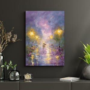 Romantic Couple Under Umbrella Wall Art , Rain Oil Painting Print, Home Decor, Love Anniversary Gift