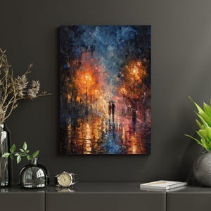 Rainy Night Walk Poster , Couple Under Umbrella, Street Lights Oil Painting Wall Art, Love  Print for Home Decor