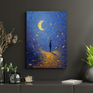 Moon Dreamer Wall Art –  Night Sky Painting, Abstract Blue and Gold Oil Paint  Print,  Fantasy Artwork Poster for Home Decor