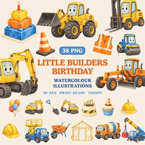 Pode incluir: Uma coleção de ilustrações em aquarela com veículos de construção, um bolo de aniversário, um cone de trânsito, um colete de segurança, balões, uma pá, um cupcake, um capacete, um carrinho de mão e uma moldura de madeira com o texto LITTLE BUILDERS BIRTHDAY.