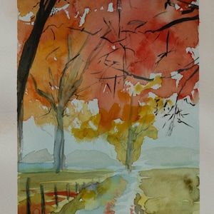 Peaceful Autumn River – Hand-Painted Watercolor Landscape
