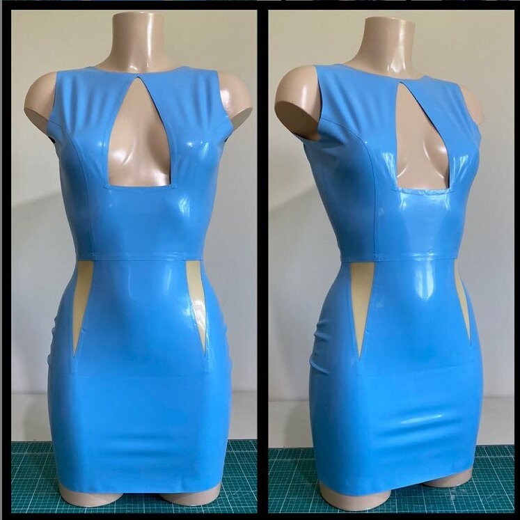 sachin and babi light blue dress Hailey Bieber Wears Versace Latex Dress For Date Night main image 0