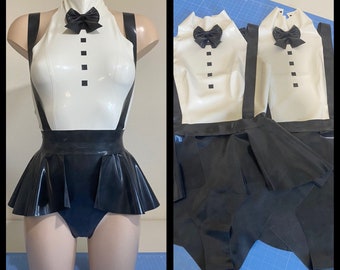 Rubber Latex Tuxedo Inspired Bodysuit and Peplum Belt Bundle