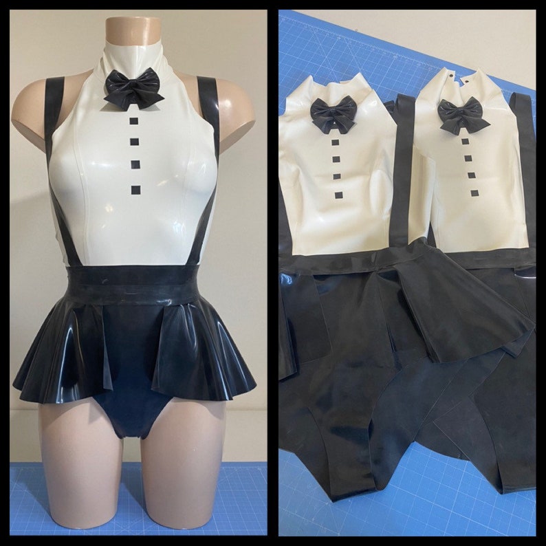 Rubber Latex Tuxedo Inspired Bodysuit and Peplum Belt Bundle image 1