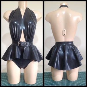 Rubber Latex Pin Up Girl Inspired Bodysuit and Peplum Belt Bundle
