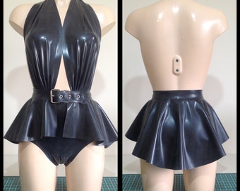 Rubber Latex Pin Up Girl Inspired Bodysuit and Peplum Belt Bundle