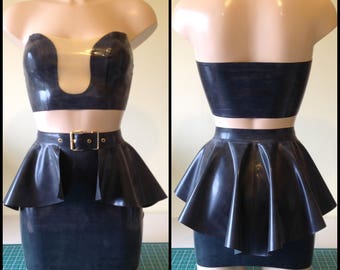 Latex Plunge Effect Crop Top, Peplum Belt and Mini Skirt Bundle