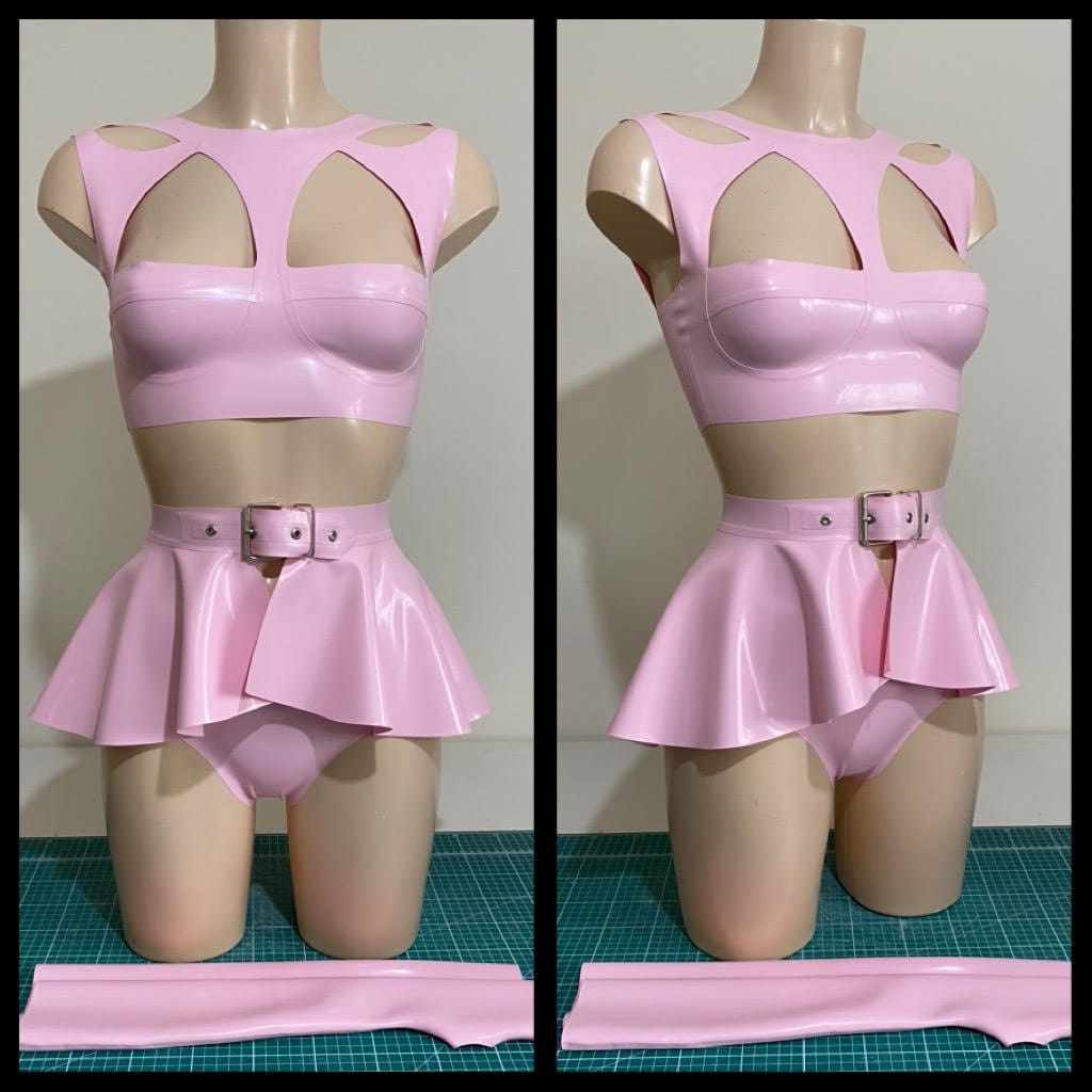 Pink latex 2 piece outfit hotsell