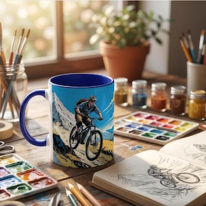 May include: A ceramic mug with a blue interior and handle, featuring a colorful illustration of a person mountain biking on a rugged trail with mountains in the background. The mug is positioned on a wooden surface alongside art supplies.