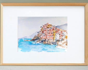 Handmade watercolor painting of the charming Camogli in ligurian riviera, Italian seascape art, original A5 artwork, Liguria, travel gift
