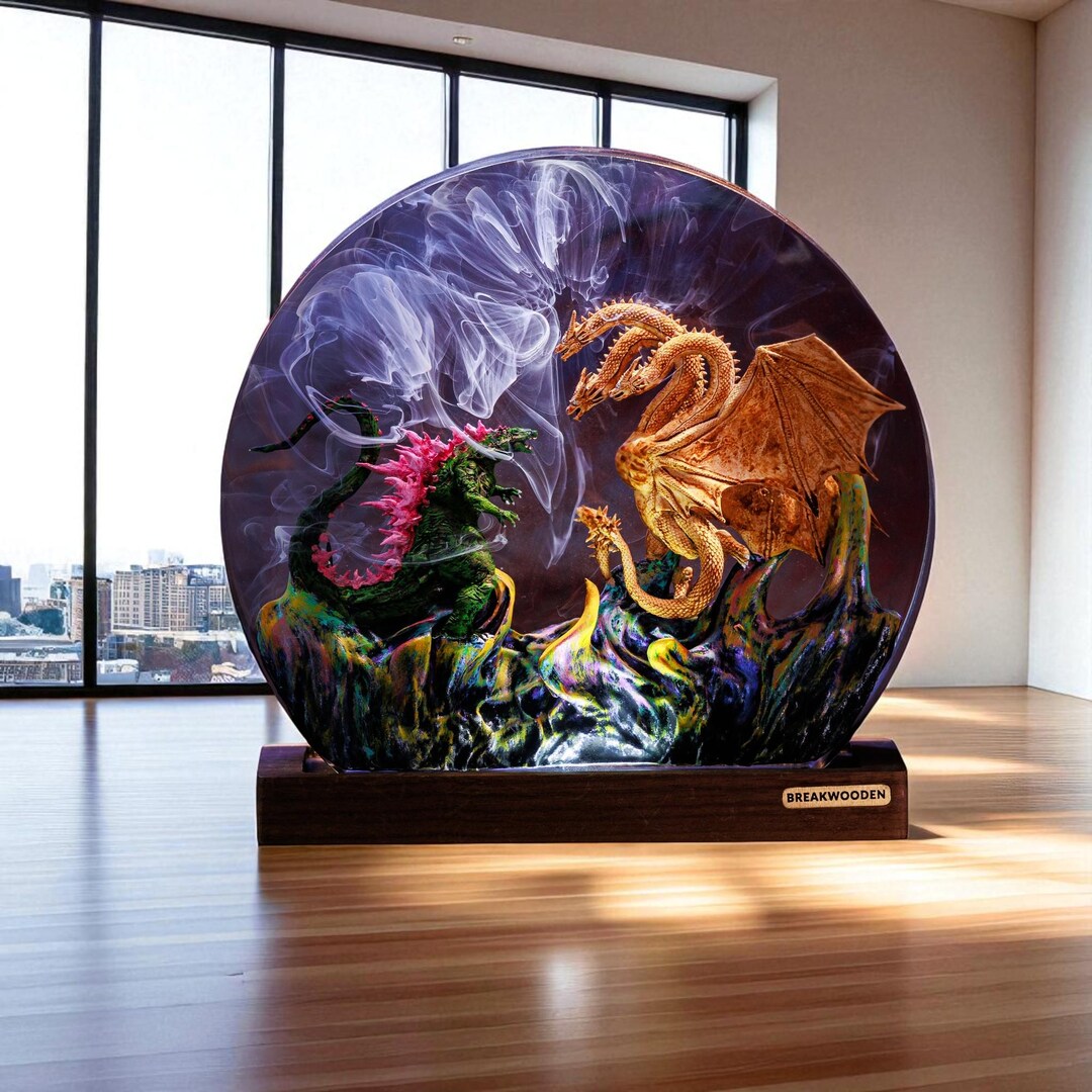Fantasy Dragon Battle LED Resin Lamp, 3D Round Night Light, Fire and ...