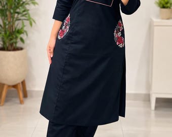 Embroidered Cotton Kurti Pant Set, Floral Ethnic Indian Wear, Festive Plus Size Outfit