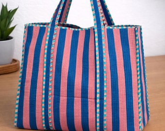 Handmade Blue Stripe Quilted Cotton Tote Bag | Reusable Shopping Bag