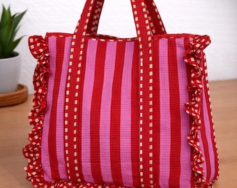 Handmade Quilted Cotton Tote Bag | Large Striped Shopping Bag