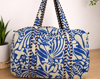Handmade Blue Block Print Duffle Bag | Quilted Cotton Weekender