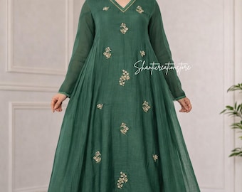 Anarkali Kurti Set with Dupatta: Women's silk Ethnic Flared Dress