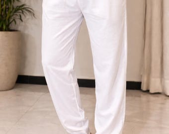 Pantalones de pijama blancos de algodón para hombre, ropa de estar por casa étnica cómoda con cordón ajustable