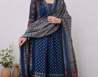 Hand Block Print Cotton Anarkali Kurti Set | Indian Ethnic Long Kurta Dupatta