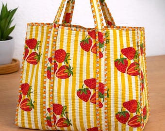Handmade Quilted Cotton Tote Bag | Strawberry Print, Yellow Stripes