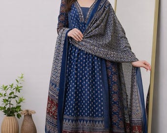 Hand Block Print Cotton Blend Anarkali Kurti Set | Indian Ethnic Long Kurta Dupatta