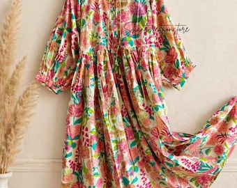 Floral Block Print Cotton Midi Dress, Boho Puff Sleeve, String Tie Neck