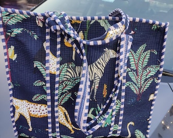 Handmade Quilted Cotton Tote Bag: Navy Jungle Print Boho Shoulder Bag