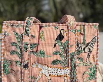 Handmade Quilted Cotton Tote Bag | Jungle Animal Print Shopper