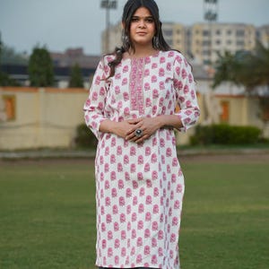 White Cotton Kurti Top: Pink Handblock Print, Summer Tunic