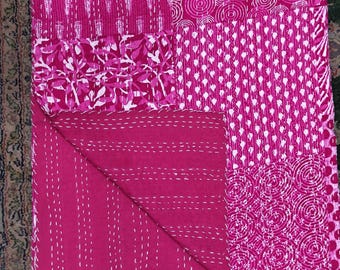Edredón Kantha rosa hecho a mano: colcha india 100 % algodón