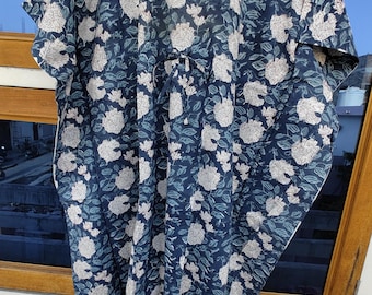 Handmade Floral Cotton Kaftan: Navy Blue Boho Lounge Dress