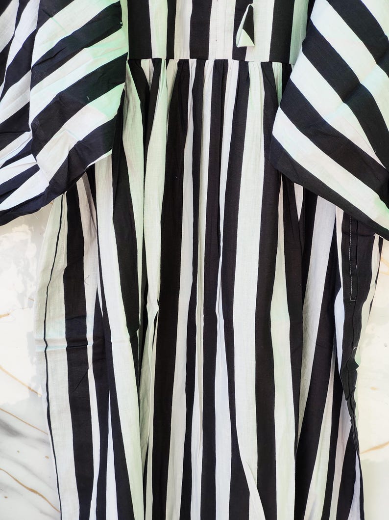 Black White Stripe Cotton Dress, Puff Sleeve Boho Summer Midi Dress image 9