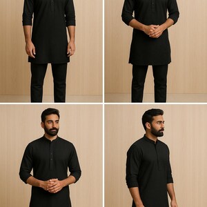 Puede incluir: T&uacute;nica negra con cuello mandar&iacute;n y abotonadura frontal, combinada con pantalones negros. La camisa de manga larga tiene un dobladillo recto y est&aacute; hecha de una tela oscura lisa. El atuendo es adecuado para ocasiones formales o informales.