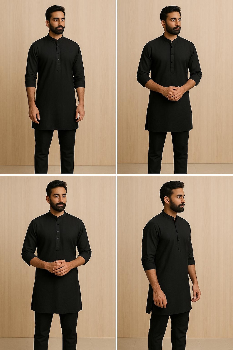 Puede incluir: T&uacute;nica negra con cuello mandar&iacute;n y abotonadura frontal, combinada con pantalones negros. La camisa de manga larga tiene un dobladillo recto y est&aacute; hecha de una tela oscura lisa. El atuendo es adecuado para ocasiones formales o informales.