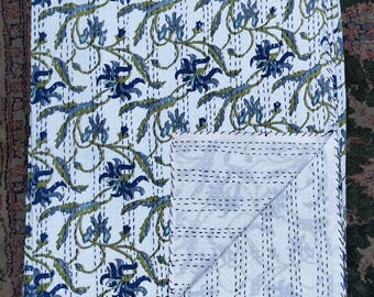 May include: A folded white quilt with a repeating floral pattern in blue and green. The quilt features a stitched design, and the corner is folded back to reveal the underside.