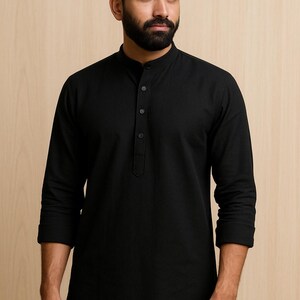 Kurta da uomo in cotone bianco: abbigliamento etnico indiano, fatto a mano Nero