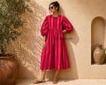Pink Red Stripe Cotton Midi Dress, Boho Puff Sleeve Summer Casual Flowy Silhouette product logo
