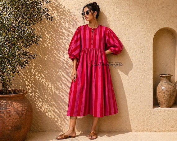 Pink Red Stripe Cotton Midi Dress, Boho Pockets, Balloon Sleeve Cottagecore Outfit, Summer dress