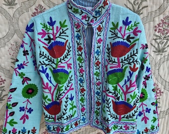 Handmade Suzani Embroidered Cotton Jacket – Boho Floral Ethnic Short Coat for Women