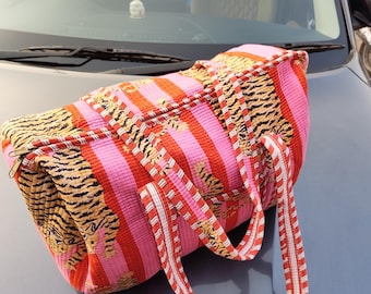 Pink Tiger Print Quilted Duffle Bag | Handmade Cotton Weekender