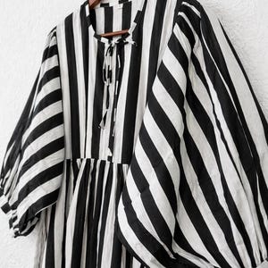 Black White Stripe Cotton Dress, Puff Sleeve Boho Summer Midi Dress image 6