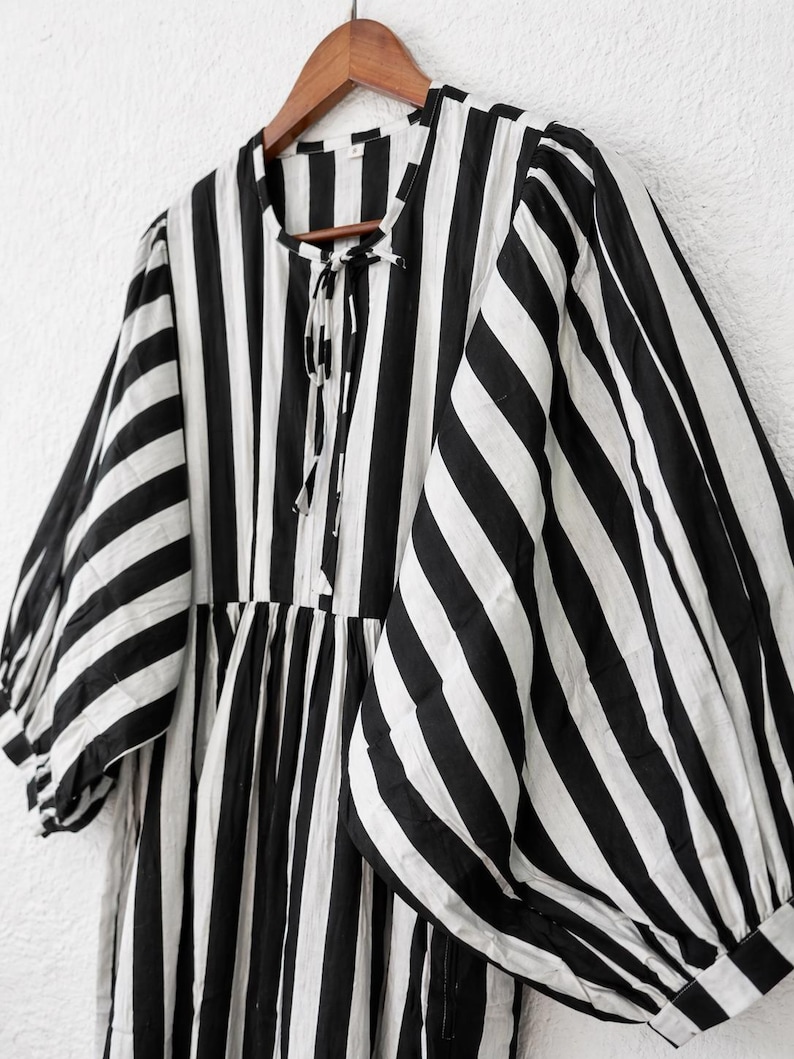 Black White Stripe Cotton Dress, Puff Sleeve Boho Summer Midi Dress image 6