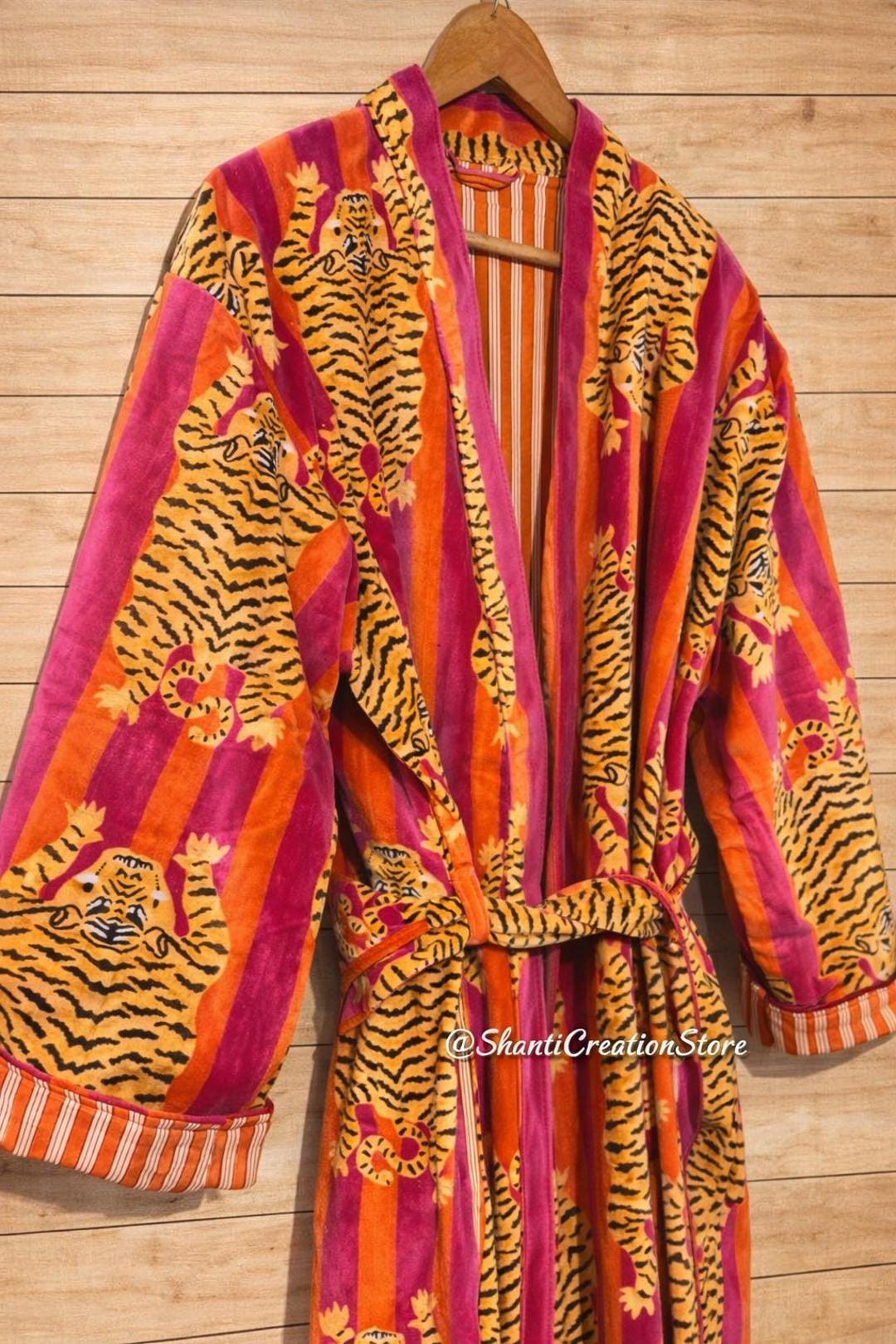Velvet Tiger Print Kimono Robe: Handmade Velvet Cotton Blend Nightwear ...