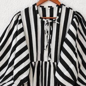 Black White Stripe Cotton Dress, Puff Sleeve Boho Summer Midi Dress image 4
