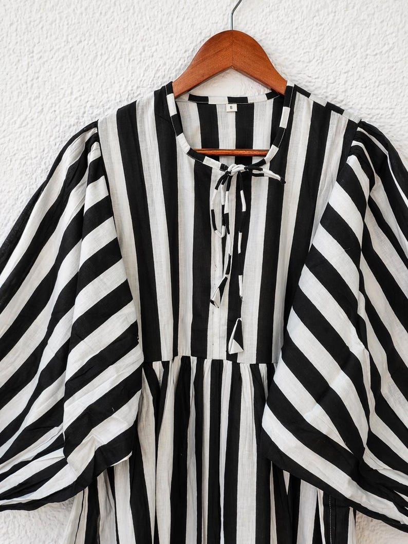 Black White Stripe Cotton Dress, Puff Sleeve Boho Summer Midi Dress image 4