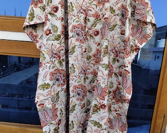 Ivory Floral Cotton Kaftan: Block Print Kimono Robe, Boho Beach Cover-Up