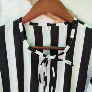 Black White Stripe Cotton Dress, Puff Sleeve Boho Summer Midi Dress image 8