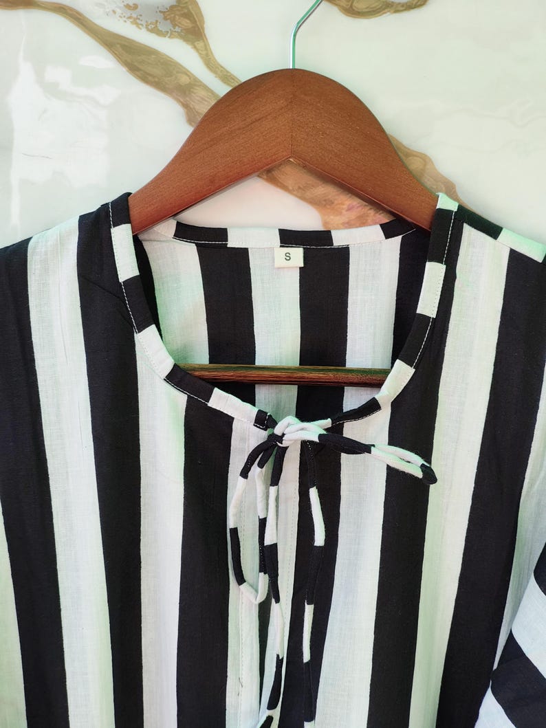 Black White Stripe Cotton Dress, Puff Sleeve Boho Summer Midi Dress image 8
